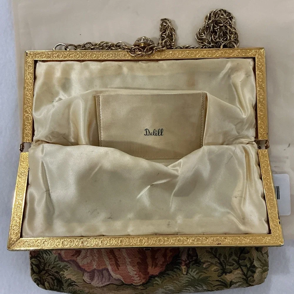 Vintage Delill Tapestry Frame Kisslock Clutch Bag Chain Strap French Rococo 50s